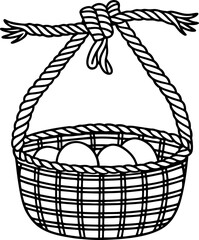 Fototapeta premium Basket hanging woven basket filled with eggs tied with a knot rope handle illustration