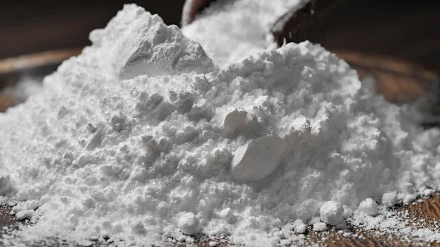 Closeup shot of a pile of white powder on a wooden surface.