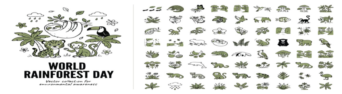 World Rainforest Day vector icon set, hand drawn jungle animals and tropical plants collection, green wildlife conservation doodles for environment awareness