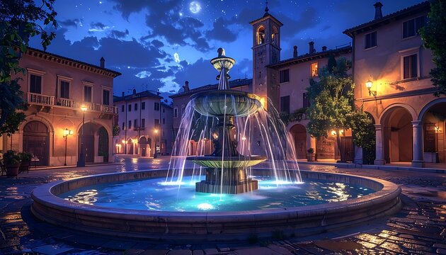 Illuminated fountain, center stage in an open plaza surrounded by buildings at night under a moonlit, star-filled sky