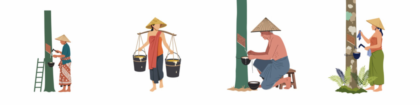 Vector illustration set of traditional rubber tappers and workers collecting latex from rubber trees in Southeast Asia, isolated on a white background.