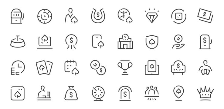 Casino and poker line icons set with gambling, cards, jackpot and betting symbols