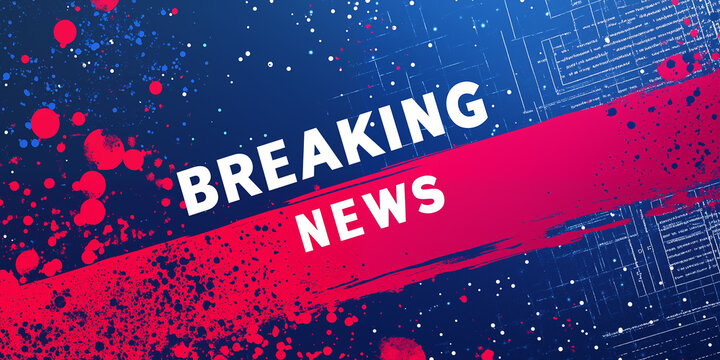 Dynamic breaking news banner background with bold white typography, vibrant red paint brush stroke across deep blue digital tech backdrop, abstract ink splatter effects, futuristic newsroom style