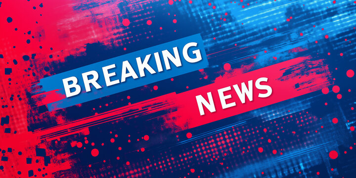 Dynamic breaking news banner background with bold white typography, vibrant red paint brush stroke across deep blue digital tech backdrop, abstract ink splatter effects, futuristic newsroom style