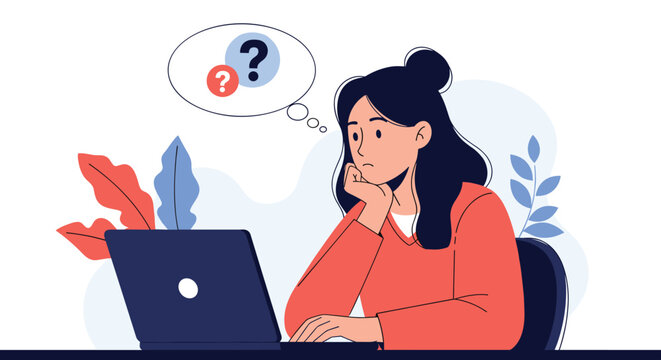 Frustrated woman looks at laptop screen with question mark thought bubbles while experiencing technical difficulties online.