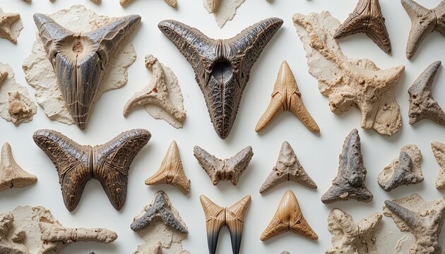 An Overhead Flat Lay of Megalodon and other Ancient Shark Teeth Fossils Isolated on a White Background for a Decorative Background