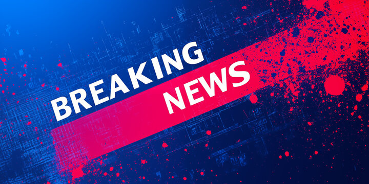 Dynamic breaking news banner background with bold white typography, vibrant red paint brush stroke across deep blue digital tech backdrop, abstract ink splatter effects, futuristic newsroom style