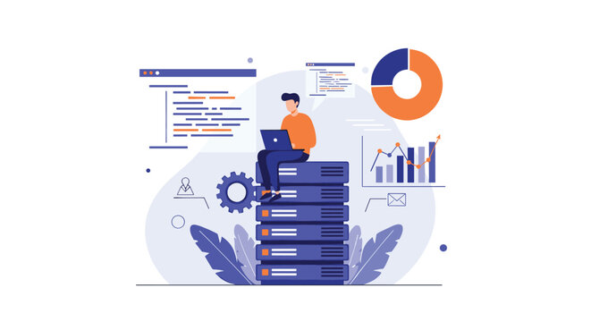 Software developer sits on stack of data servers while working on laptop with code and analytics charts in the background.