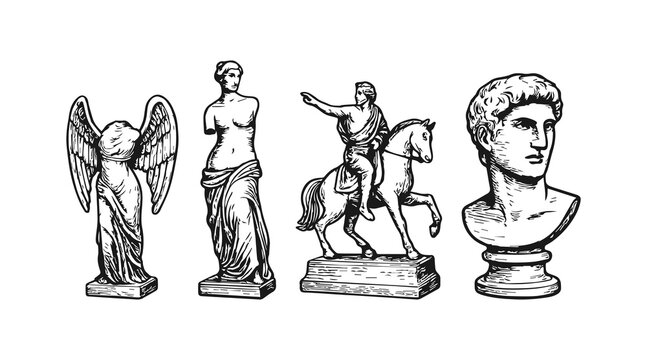 Venus de milo roman goddess aphrodite and david sculpture standing on a pedestal and other sketch engraving set