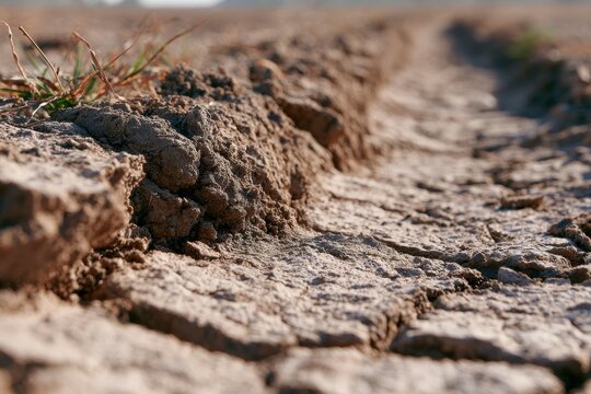 Dried and cracked agricultural soil with visible fissures and sparse vegetation in a rural landscape, highlighting the effects of drought on farmland
