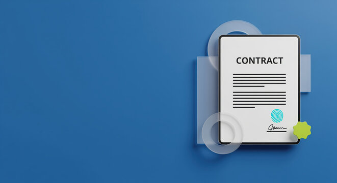 Electronic agreement verification background for legal tech pages shows signed contract with fingerprint approval, helping explain e signature workflow, identity check and remote deal authorization
