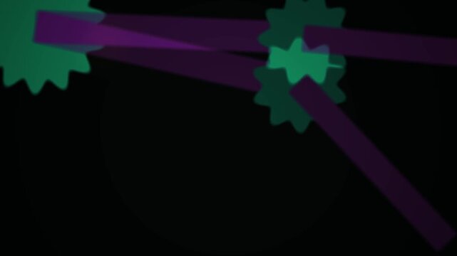 Abstract rotating gears purple and green elements on black background