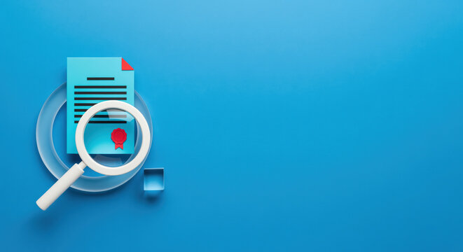 Regulatory compliance check contract icon with loupe symbol for corporate audit verification review tasks or financial data fraud investigation procedures with ample placement copy space