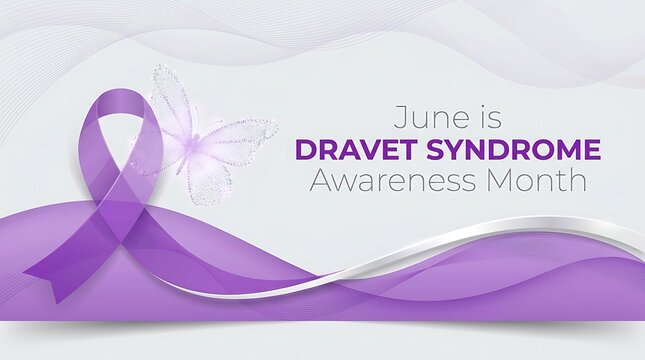 June is dravet syndrome awareness month with purple ribbon and glowing butterfly on abstract background element.