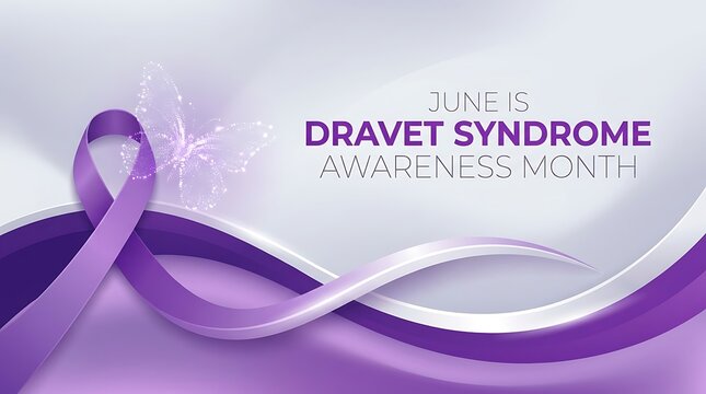 June is dravet syndrome awareness month with purple ribbon and glowing butterfly on abstract background design.