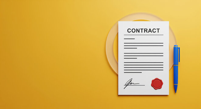 Signed agreement paperwork anchors a legal approval scene for notarized contract review, lease execution and business deal confirmation with pen, wax seal and open space for copy area