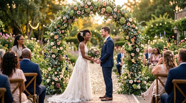 Bride and groom kissing under floral wedding arch in outdoor garden ceremony with guests