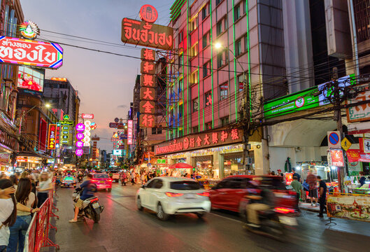 Evening view of Chinatown. Night traffic of Yaowarat Road