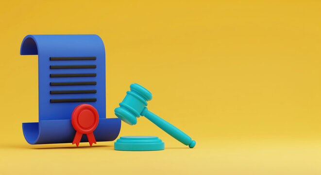 Contract law explainer backdrop turns a signed agreement scroll, seal and judge gavel into a practical visual for legal notice, arbitration lesson, compliance training and business dispute material