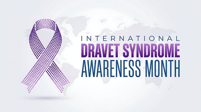 International dravet syndrome awareness month graphic with stylized purple ribbon and map of world for neurological health campaigns and epilepsy support events.