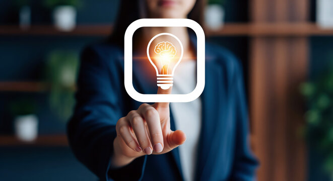 Intellectual property optimization interface showcasing creative mind lightbulb icon to launch neural startup funding proposal inside digital business software presentation layout
