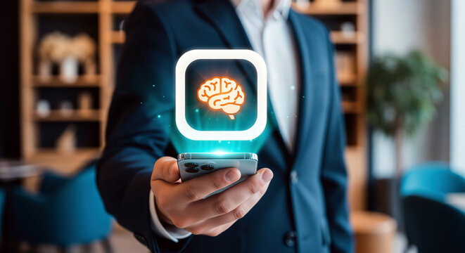 Neural network algorithm deployment presentation highlighting glowing smart brain app icon to configure machine learning workflow automation inside innovative technology pitch deck
