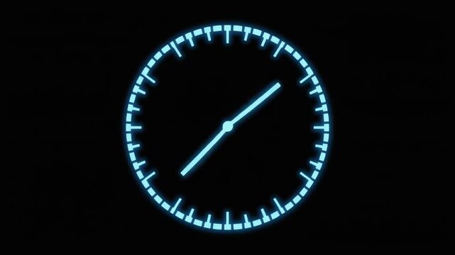 Digital clock animation on black background with glowing blue neon lines and hands