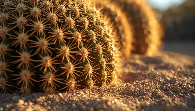 Close up of golden barrel cactus with sharp thorns in desert sand, beautiful echinocactus grusonii under warm golden hour sunlight, botanical nature background.