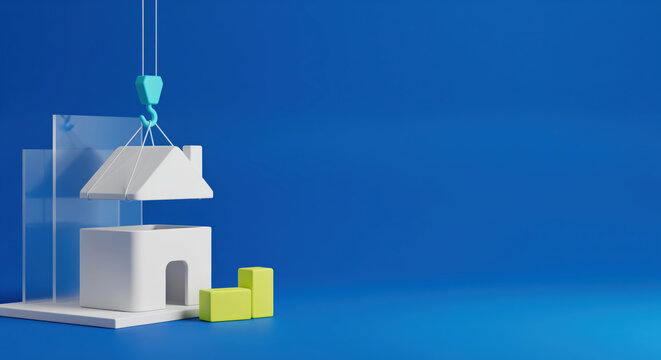 House building budget story for real estate development and mortgage planning shows crane placing roof on model home, useful for renovation finance, contractor estimate and property investment copy