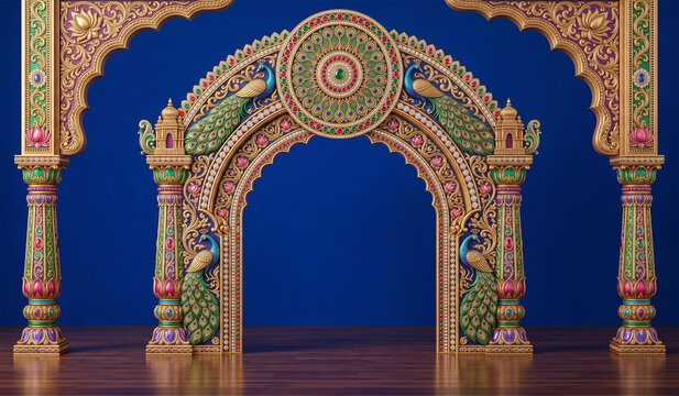 Royal Indian Peacock Wedding Mandap Arch with Ornate Mandala, Lotus Motifs, Gemstone Embellishments, and Temple-Inspired Carvings