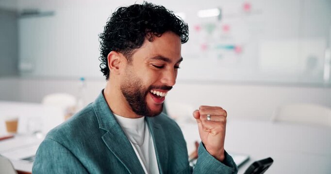 Fist pump, phone and businessman in office with good news, bonus or investment growth notification. Celebration, winning and financial manager with cellphone for finance report with company profit.