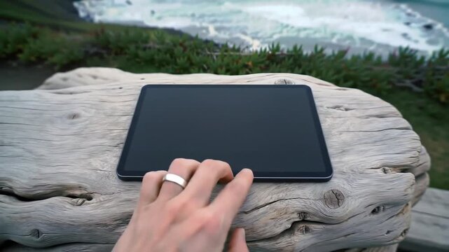 POV Close Up of Hands Pointing at Blank Smart Tablet Screen with Scenic Ocean Coast Background Generative AI