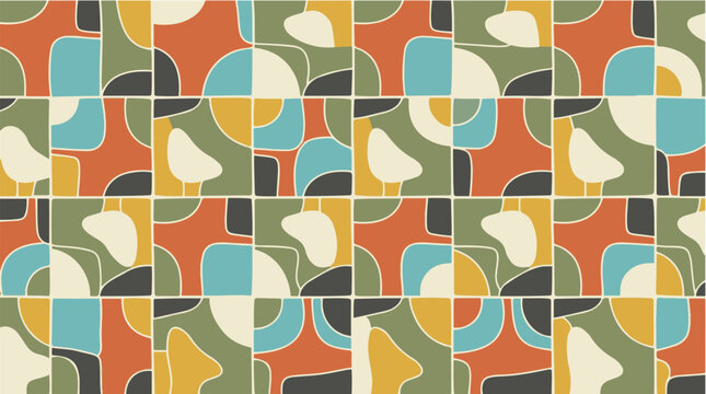 Seamless retro geometric pattern featuring curved shapes, circles, and interlocking blocks in warm earthy tones, designed as a stylish mid-century modern vector background.