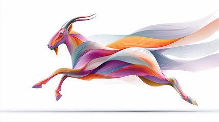 Obraz premium Vibrant, abstract goat gallops forward with flowing, colorful mane and tail. Artistic, modern design ideal for digital media or creative projects. Dynamic motion evokes energy, freedom