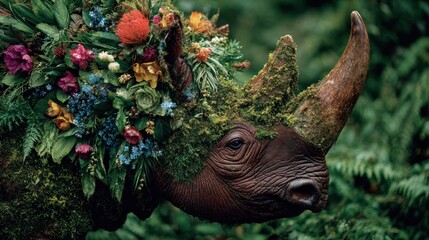 Fototapeta premium Rhinoceros Head Adorned with Lush Greenery and Vibrant Flowers.