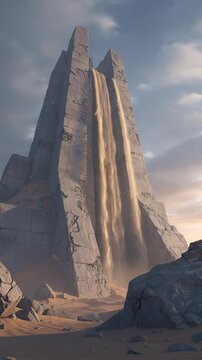 Sandfall Cascading Down a Giant Ancient Stone Pyramid Structure