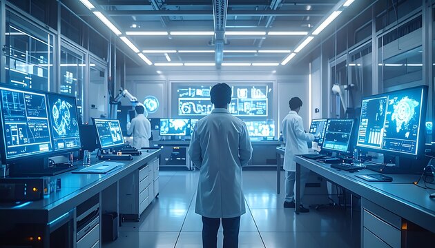 A futuristic laboratory with scientists working on computer screens