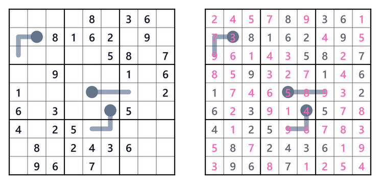 Sudoku puzzle game with highlighted numbers and patterns in a grid layout