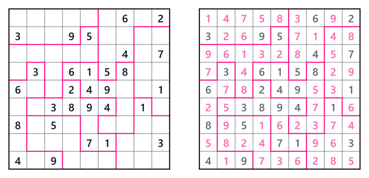 Sudoku puzzles with highlighted solutions and numbers in grids