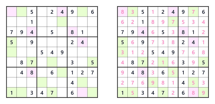 Two Sudoku puzzles with solutions and colored highlights