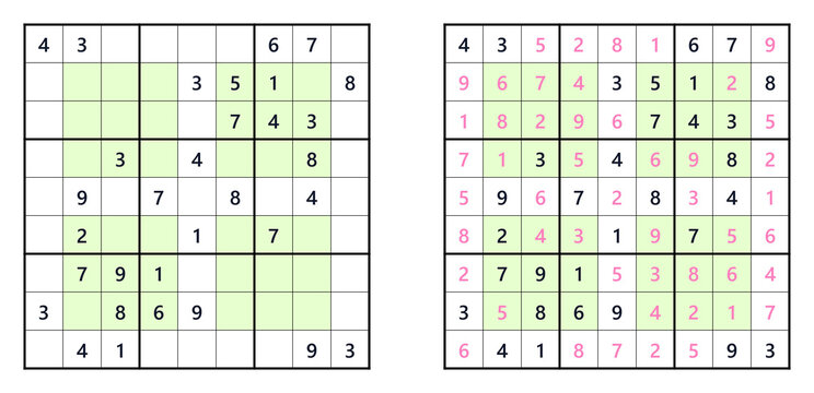 Sudoku puzzles, one solved and one in progress, on a white background with green highlights