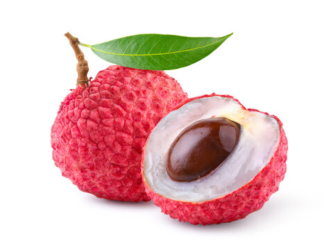 Lychee with half cut isolated on white.