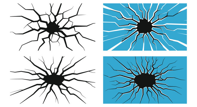 Set of broken glass or cracked surface patterns showing impact points with radiating lines in black and blue color variants.