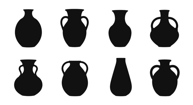 Set of eight black silhouettes featuring different shapes and sizes of ancient Greek vases amphorae and pottery jars.