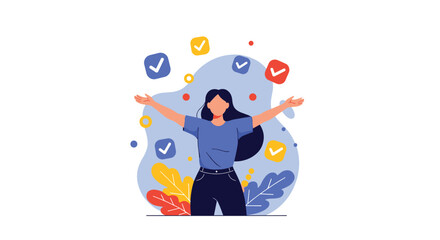 Fototapeta premium Illustration of a happy woman standing with outstretched arms surrounded by floating colorful checkmark and task icons.