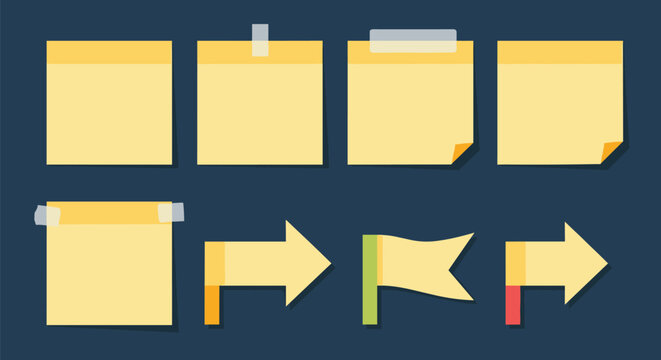 Collection of yellow paper sticky notes with adhesive tape and arrow shaped flags organized on a dark blue background.