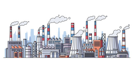 Fototapeta premium Detailed panoramic illustration of a large industrial factory complex with smokestacks releasing smoke and a city skyline.