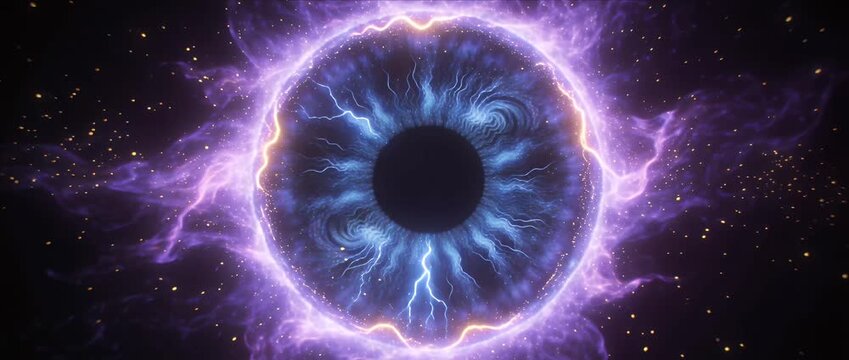 Cosmic eye energy lightning iris pupil neon glow abstract fantasy vision electric vortex magic portal galaxy universe star particle blue purple swirl light power imagination dream sci fi surreal