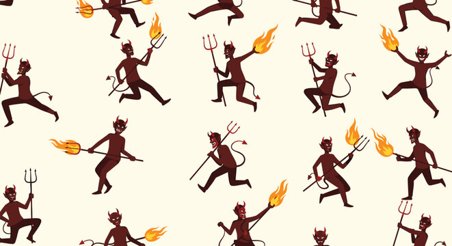 Seamless pattern of mischievous red devils holding pitchforks and flames dancing across a light beige background.