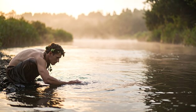 Muscular man crouches by river, wreath on head, hand touching water on a foggy morning